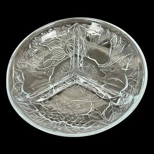 Vintage KIG Indonesia Clear‎ Glass 3 Section Relish Dish Fruit Design 7.75 In